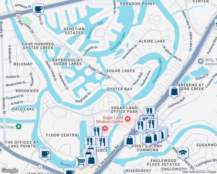 map of restaurants, bars, coffee shops, grocery stores, and more near 930 Sugar Lakes Drive in Sugar Land