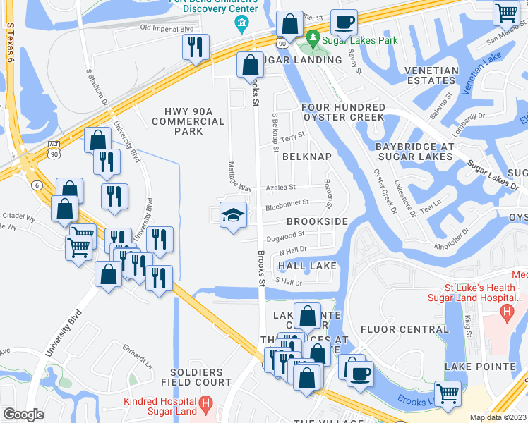 map of restaurants, bars, coffee shops, grocery stores, and more near 171 Bluebonnet Street in Sugar Land