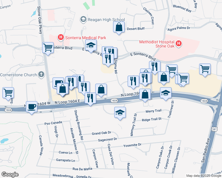 map of restaurants, bars, coffee shops, grocery stores, and more near 227 Texas 1604 Loop in San Antonio