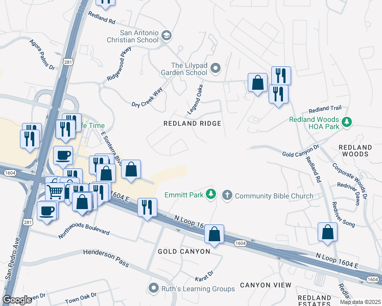 map of restaurants, bars, coffee shops, grocery stores, and more near 2327 Tristan Run in San Antonio
