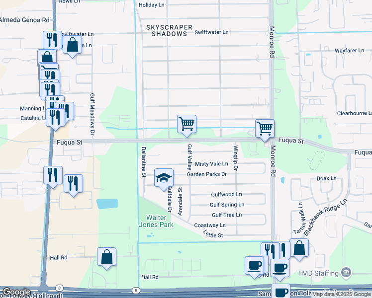 map of restaurants, bars, coffee shops, grocery stores, and more near 8120 Fuqua Street in Houston