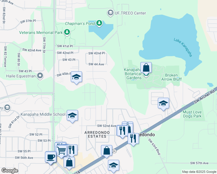 map of restaurants, bars, coffee shops, grocery stores, and more near 4711 Southwest 67 Terrace in Gainesville