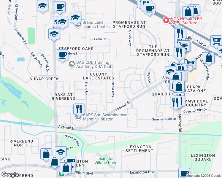 map of restaurants, bars, coffee shops, grocery stores, and more near 435 Nadia Way in Stafford