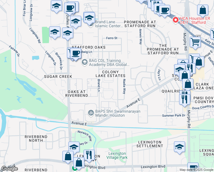 map of restaurants, bars, coffee shops, grocery stores, and more near 833 Brand Lane in Stafford