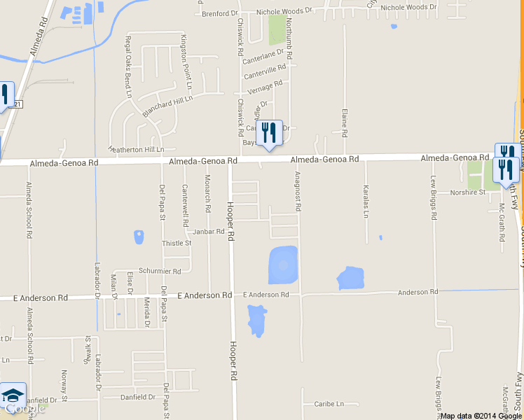 map of restaurants, bars, coffee shops, grocery stores, and more near 13501 Hooper Road in Houston