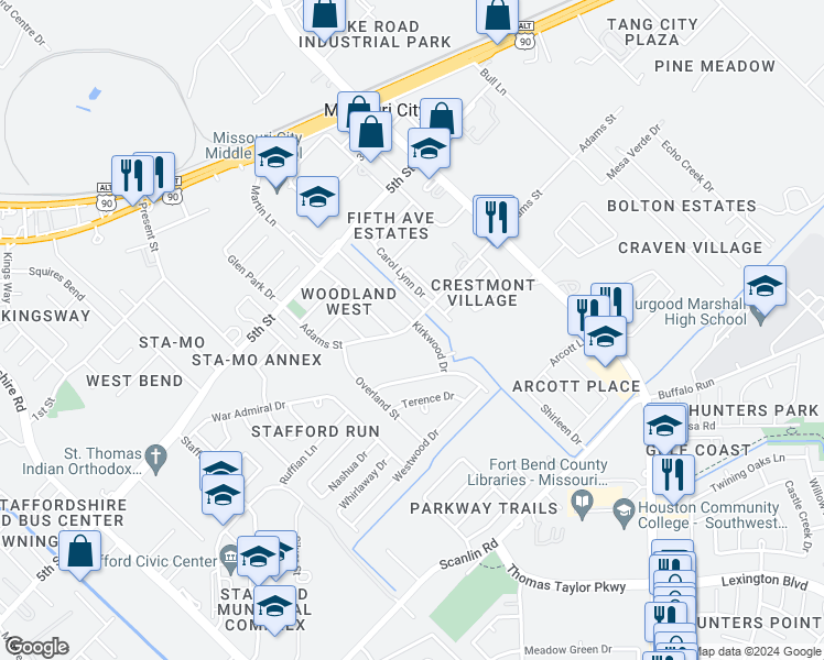 map of restaurants, bars, coffee shops, grocery stores, and more near 1818 Adams Avenue in Missouri City