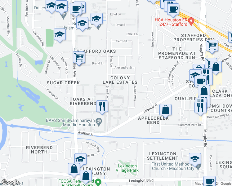map of restaurants, bars, coffee shops, grocery stores, and more near 833 Brand Lane in Stafford