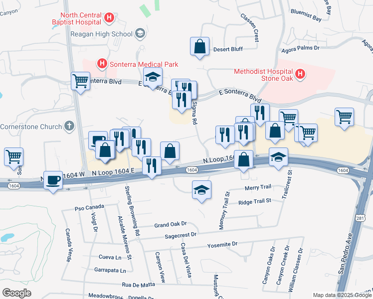 map of restaurants, bars, coffee shops, grocery stores, and more near 227 North Loop 1604 East in San Antonio
