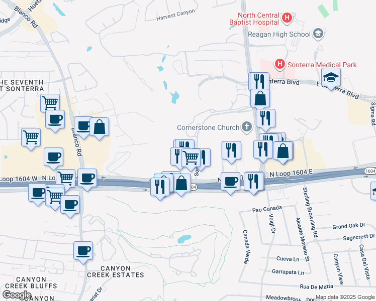 map of restaurants, bars, coffee shops, grocery stores, and more near 18323 Sonterra Place in San Antonio