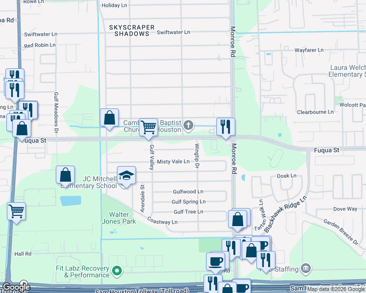map of restaurants, bars, coffee shops, grocery stores, and more near 8331 Fuqua Gardens Drive in Houston