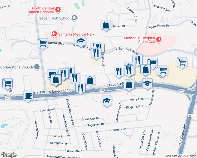 map of restaurants, bars, coffee shops, grocery stores, and more near 227 Texas 1604 Loop in San Antonio