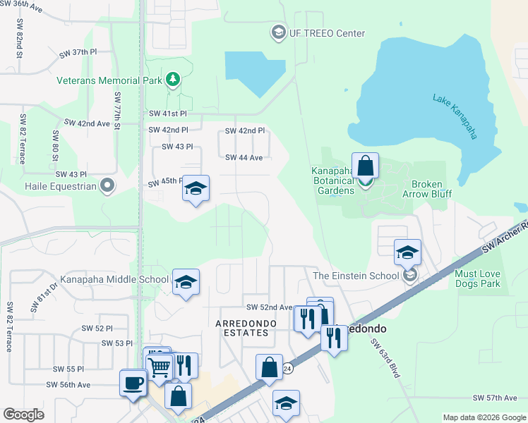 map of restaurants, bars, coffee shops, grocery stores, and more near 4617 Southwest 67 Terrace in Gainesville