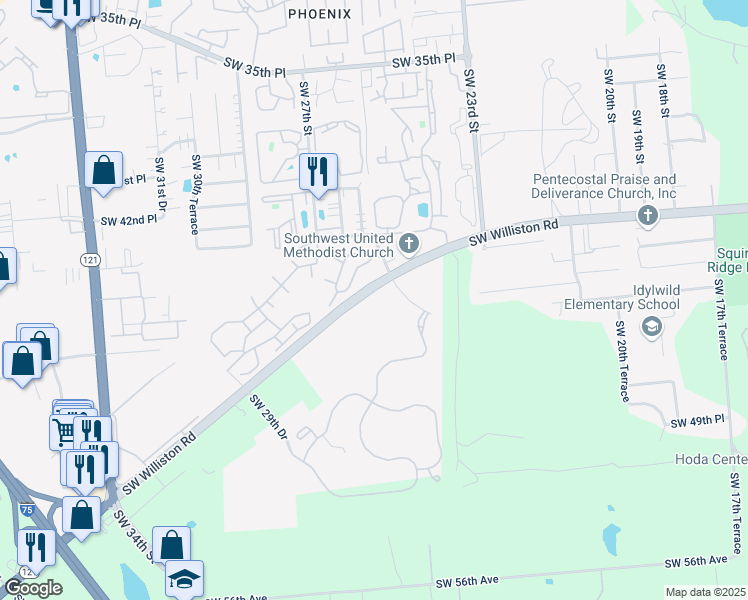 map of restaurants, bars, coffee shops, grocery stores, and more near 2600 Southwest Williston Road in Gainesville