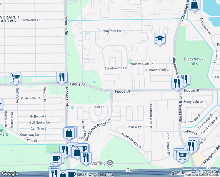 map of restaurants, bars, coffee shops, grocery stores, and more near 7819 Kaeling Meadow Court in Houston