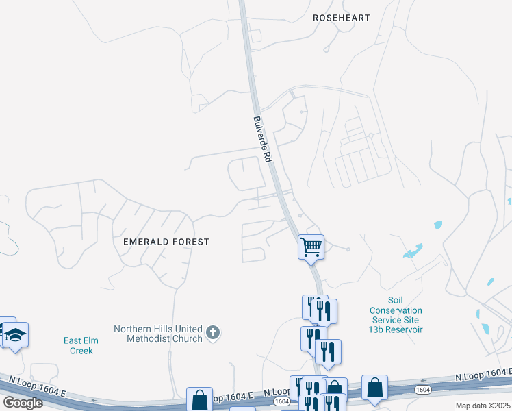 map of restaurants, bars, coffee shops, grocery stores, and more near 3615 Rustling Oaks in San Antonio