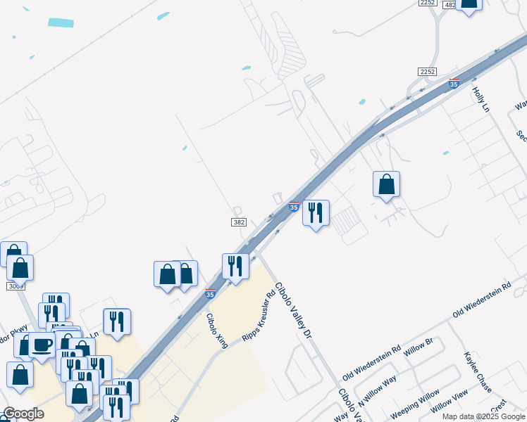 map of restaurants, bars, coffee shops, grocery stores, and more near 200 Silver Wing in Cibolo