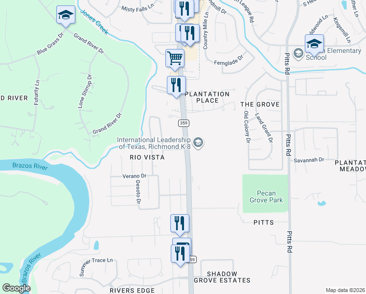 map of restaurants, bars, coffee shops, grocery stores, and more near 1125 Farm to Market 359 in Richmond