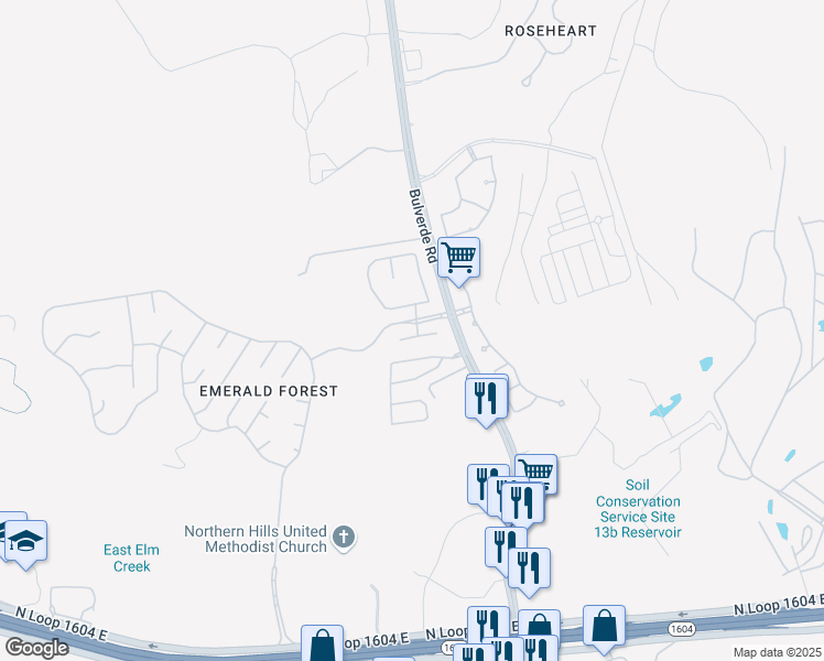 map of restaurants, bars, coffee shops, grocery stores, and more near 3615 Rustling Oaks in San Antonio