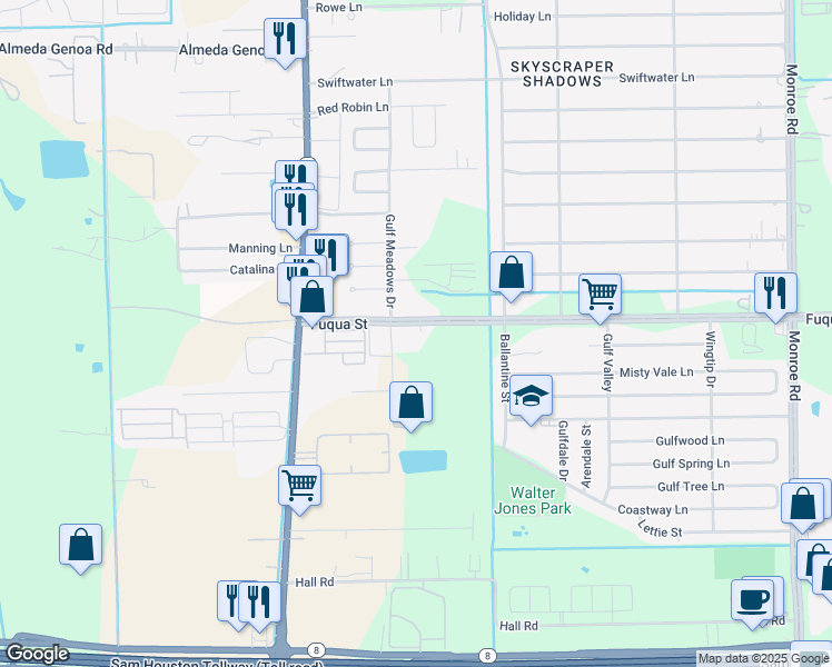 map of restaurants, bars, coffee shops, grocery stores, and more near 7816 Fuqua St in Houston