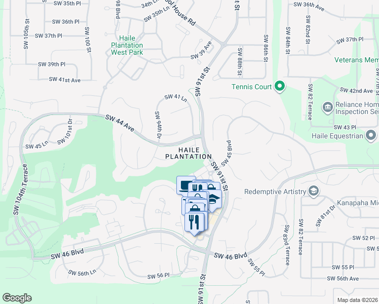 map of restaurants, bars, coffee shops, grocery stores, and more near 4431 Southwest 91st Drive in Gainesville