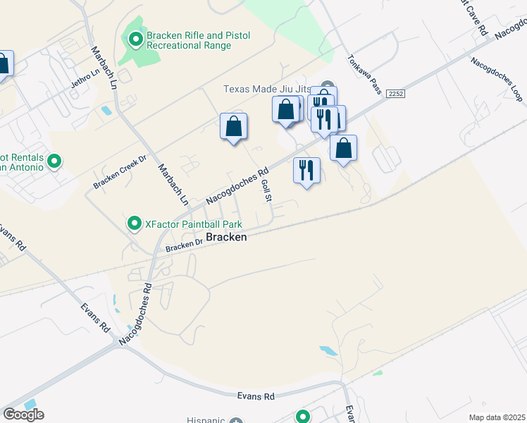 map of restaurants, bars, coffee shops, grocery stores, and more near 18495 Goll Street in San Antonio