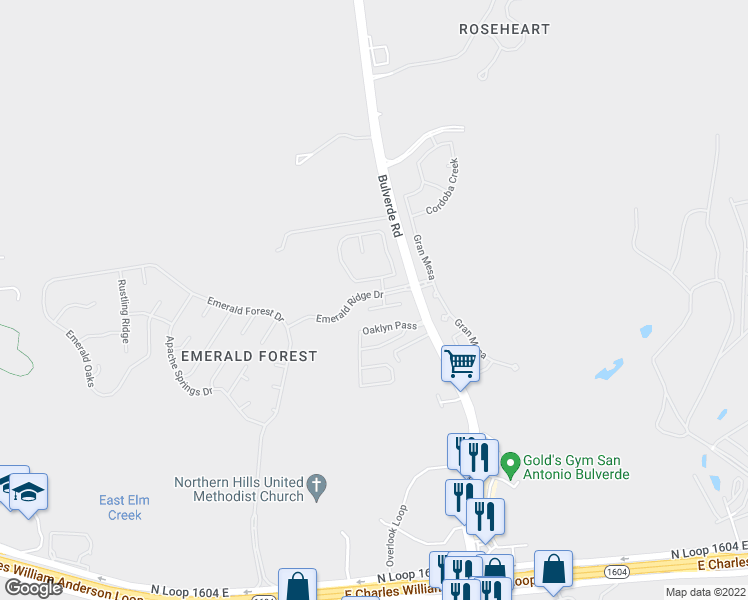 map of restaurants, bars, coffee shops, grocery stores, and more near 3615 Rustling Oaks in San Antonio