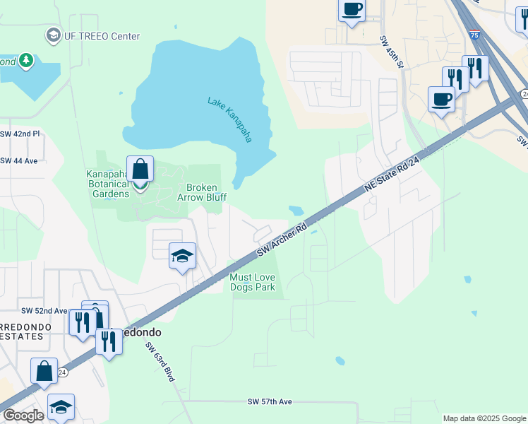 map of restaurants, bars, coffee shops, grocery stores, and more near 5310 Southwest Archer Road in Gainesville