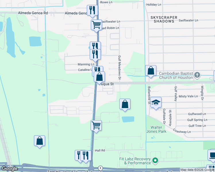 map of restaurants, bars, coffee shops, grocery stores, and more near 7732 Karen Rose Street in Houston