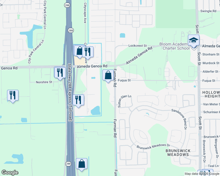 map of restaurants, bars, coffee shops, grocery stores, and more near 13507 Furman Road in Houston