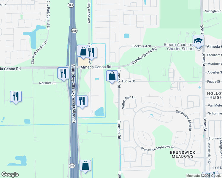 map of restaurants, bars, coffee shops, grocery stores, and more near 13500 Furman Road in Houston