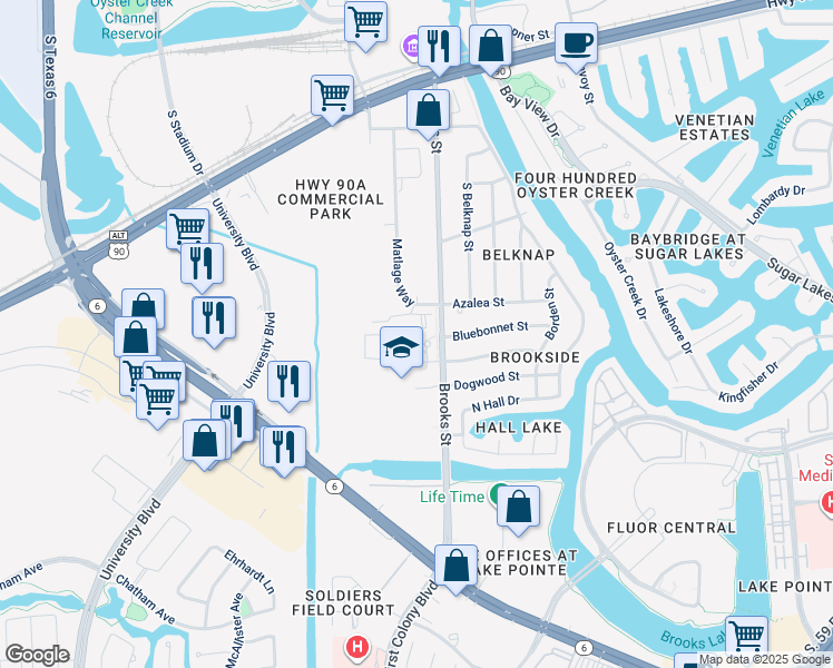 map of restaurants, bars, coffee shops, grocery stores, and more near 744 Brooks Street in Sugar Land