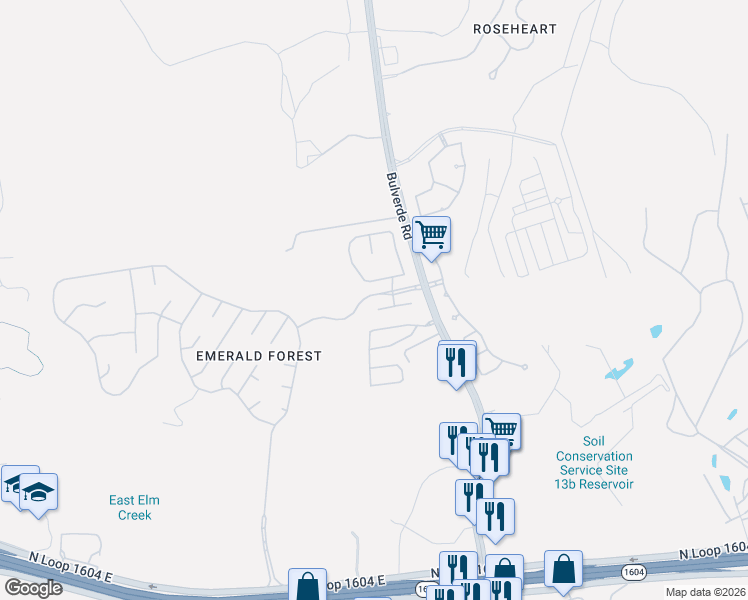 map of restaurants, bars, coffee shops, grocery stores, and more near 3615 Rustling Oaks in San Antonio