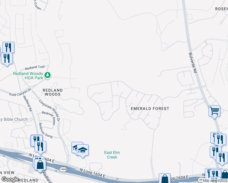map of restaurants, bars, coffee shops, grocery stores, and more near 18512 Rustling Ridge in San Antonio