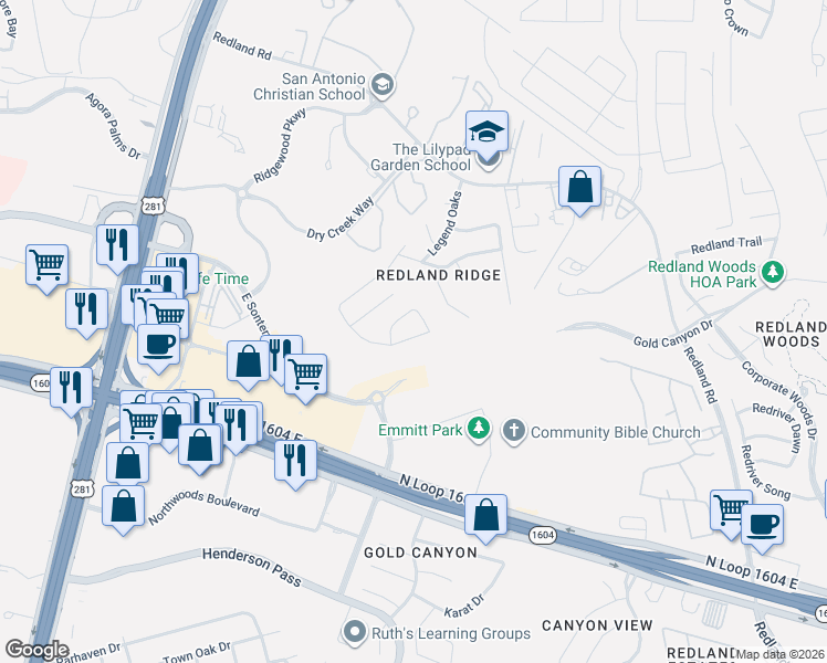 map of restaurants, bars, coffee shops, grocery stores, and more near 18510 Fourmile Creek in San Antonio