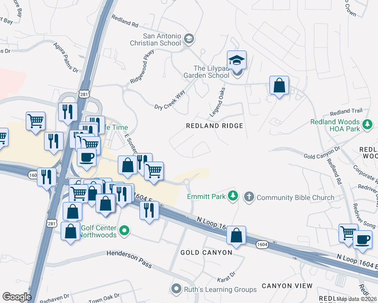 map of restaurants, bars, coffee shops, grocery stores, and more near 18510 Fourmile Creek in San Antonio