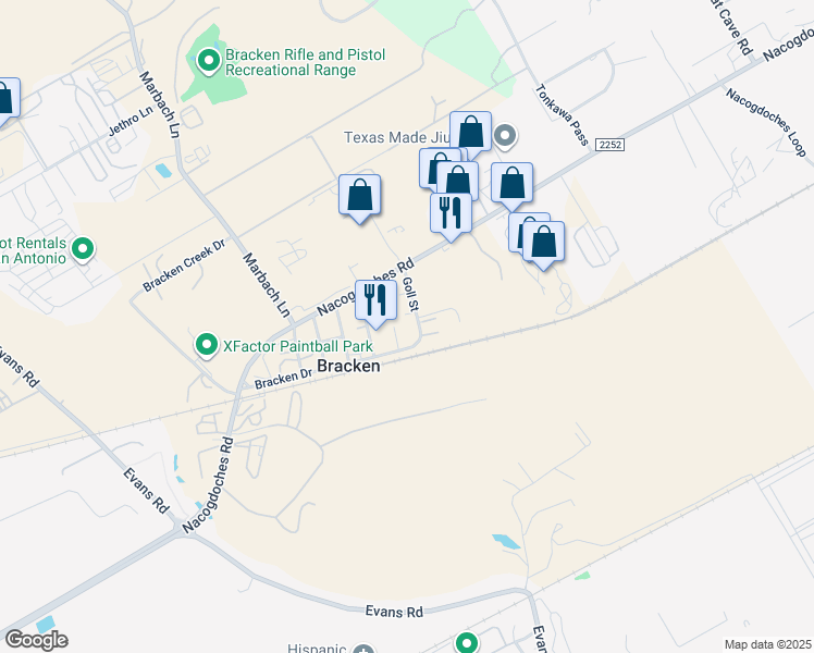 map of restaurants, bars, coffee shops, grocery stores, and more near 18495 Goll Street in San Antonio