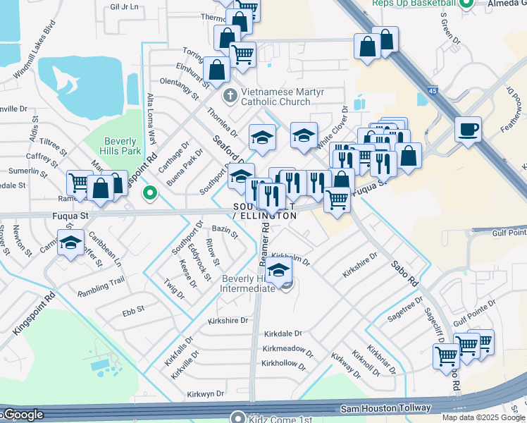 map of restaurants, bars, coffee shops, grocery stores, and more near Fuqua St & Beamer Rd in Houston