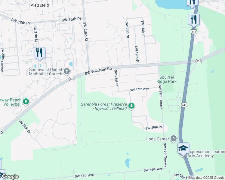 map of restaurants, bars, coffee shops, grocery stores, and more near 2120 Southwest 44th Avenue in Gainesville