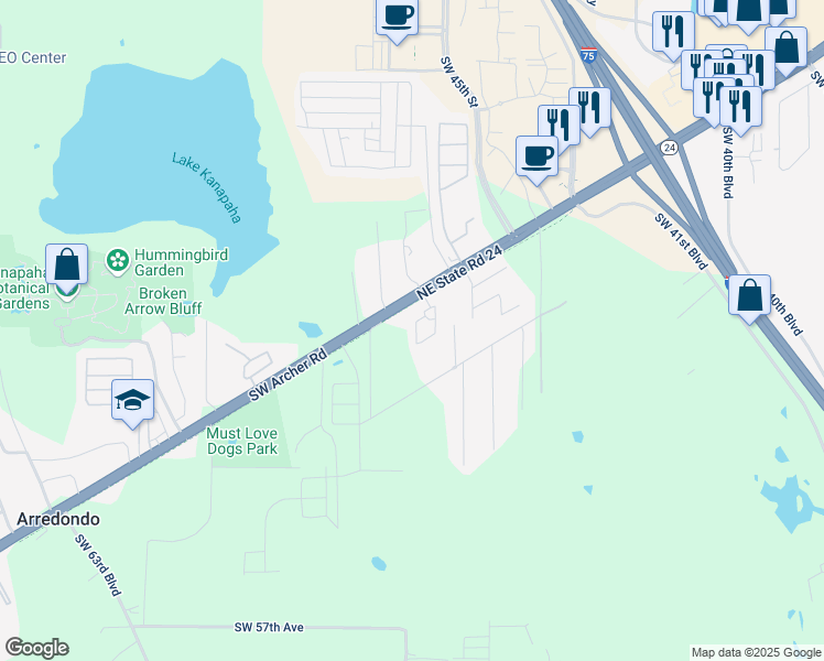 map of restaurants, bars, coffee shops, grocery stores, and more near 4611 Southwest 48th Way in Gainesville