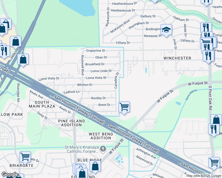 map of restaurants, bars, coffee shops, grocery stores, and more near 6330 Tadlock Lane in Houston