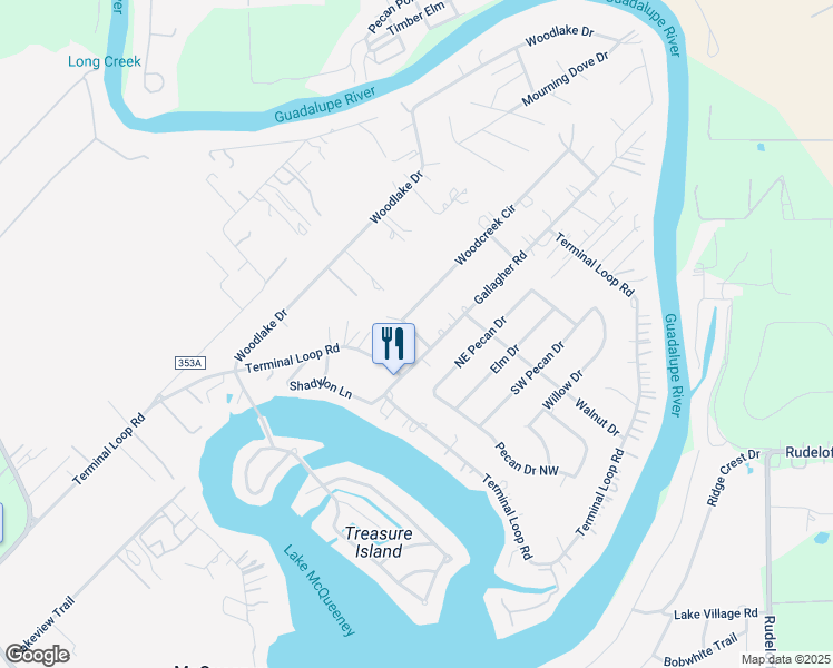 map of restaurants, bars, coffee shops, grocery stores, and more near 566 Woodcreek Circle in McQueeney