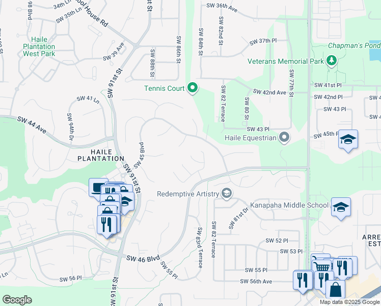 map of restaurants, bars, coffee shops, grocery stores, and more near 8432 Southwest 46 Road in Gainesville