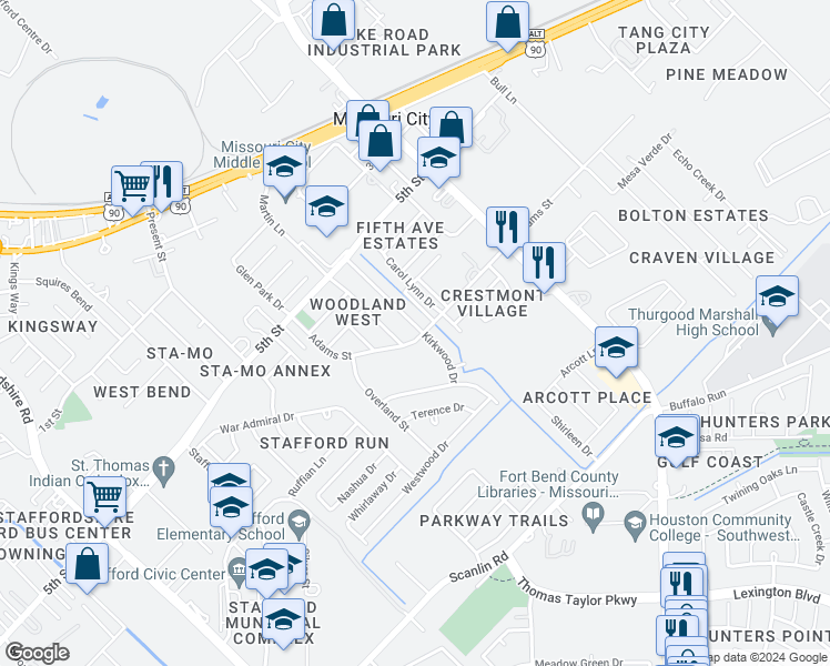 map of restaurants, bars, coffee shops, grocery stores, and more near 1818 Adams Avenue in Missouri City