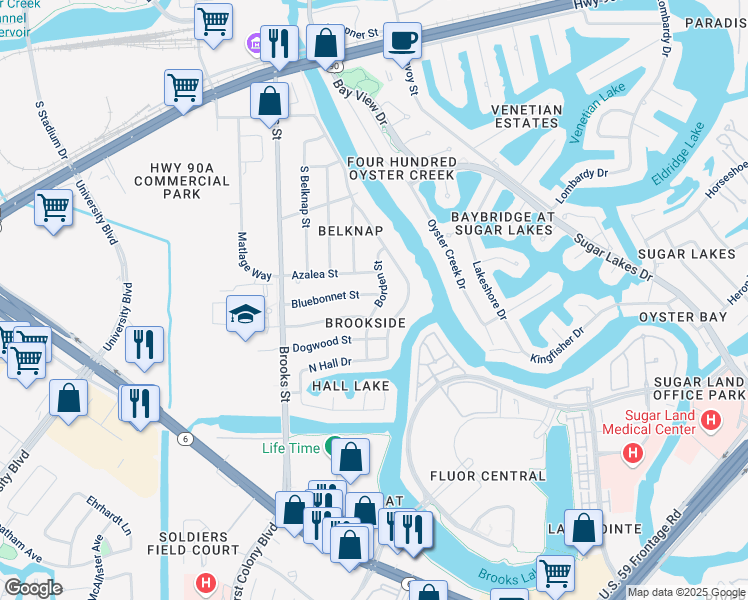 map of restaurants, bars, coffee shops, grocery stores, and more near 103 Bluebonnet Street in Sugar Land