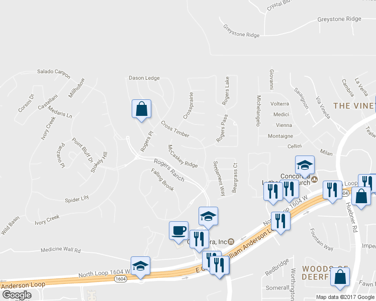 map of restaurants, bars, coffee shops, grocery stores, and more near 2622 Bayhill Cove in San Antonio