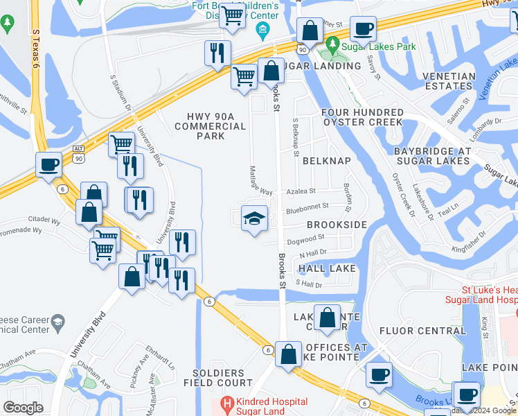 map of restaurants, bars, coffee shops, grocery stores, and more near 744 Brooks Street in Sugar Land