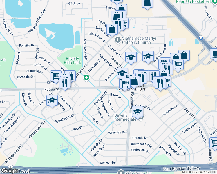 map of restaurants, bars, coffee shops, grocery stores, and more near Fuqua Street in Houston