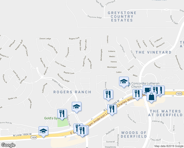 map of restaurants, bars, coffee shops, grocery stores, and more near 2402 Rogers Loop in San Antonio