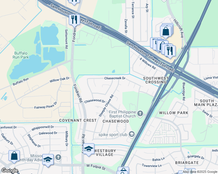 map of restaurants, bars, coffee shops, grocery stores, and more near 7813 Chasefield Drive in Missouri City