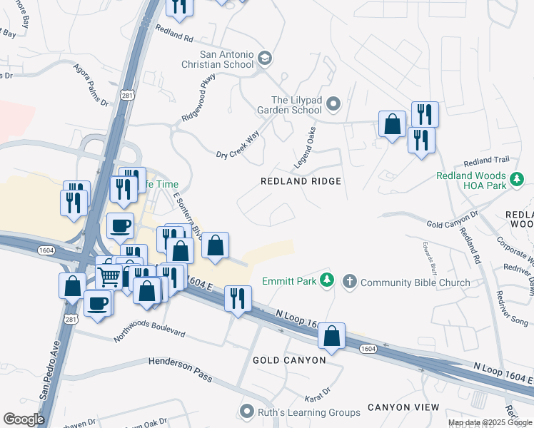 map of restaurants, bars, coffee shops, grocery stores, and more near 18507 Fourmile Creek in San Antonio